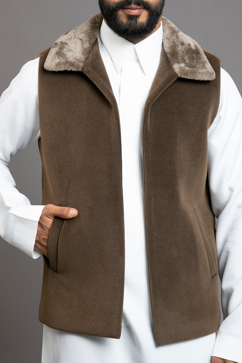 Winter Suede Wool Vest with Fur collar