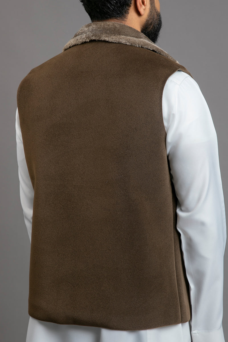 Winter Suede Wool Vest with Fur collar