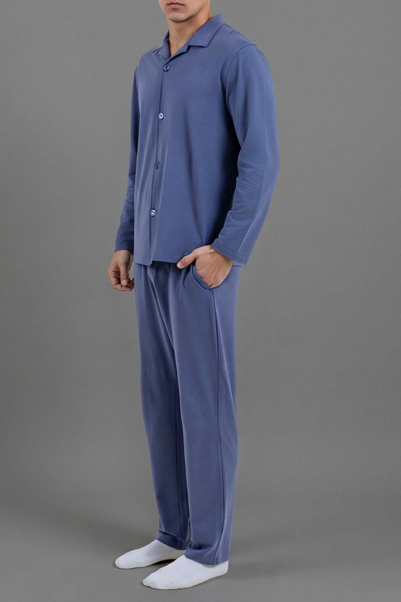 طقم مريح بقميص بأزرار و بنطلون بجيوب جانبية - ازرق