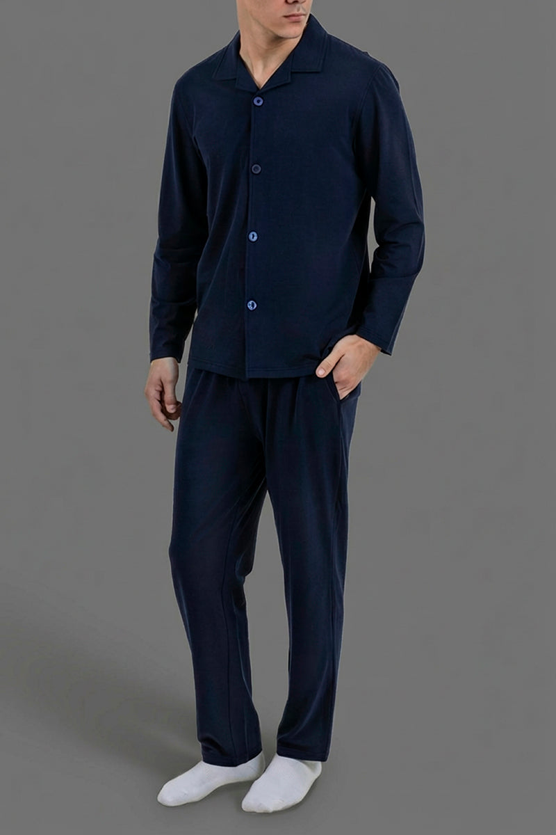 طقم مريح بقميص بأزرار و بنطلون بجيوب جانبية - كحلي