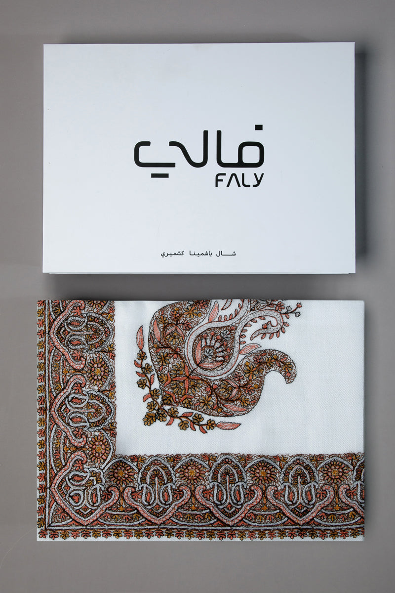 شال كشمير باشمينا رجالي مطرّز - نقشة نحاسيّة تراثية