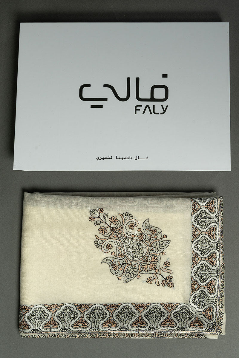 شال كشمير باشمينا رجالي مطرّز - نقشة زيتيّة أنيقة